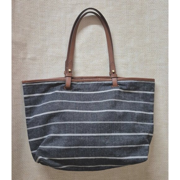 Fossil Gray White Striped Canvas Purse Bag Leather Trim & Adjustable Straps - Picture 7 of 9